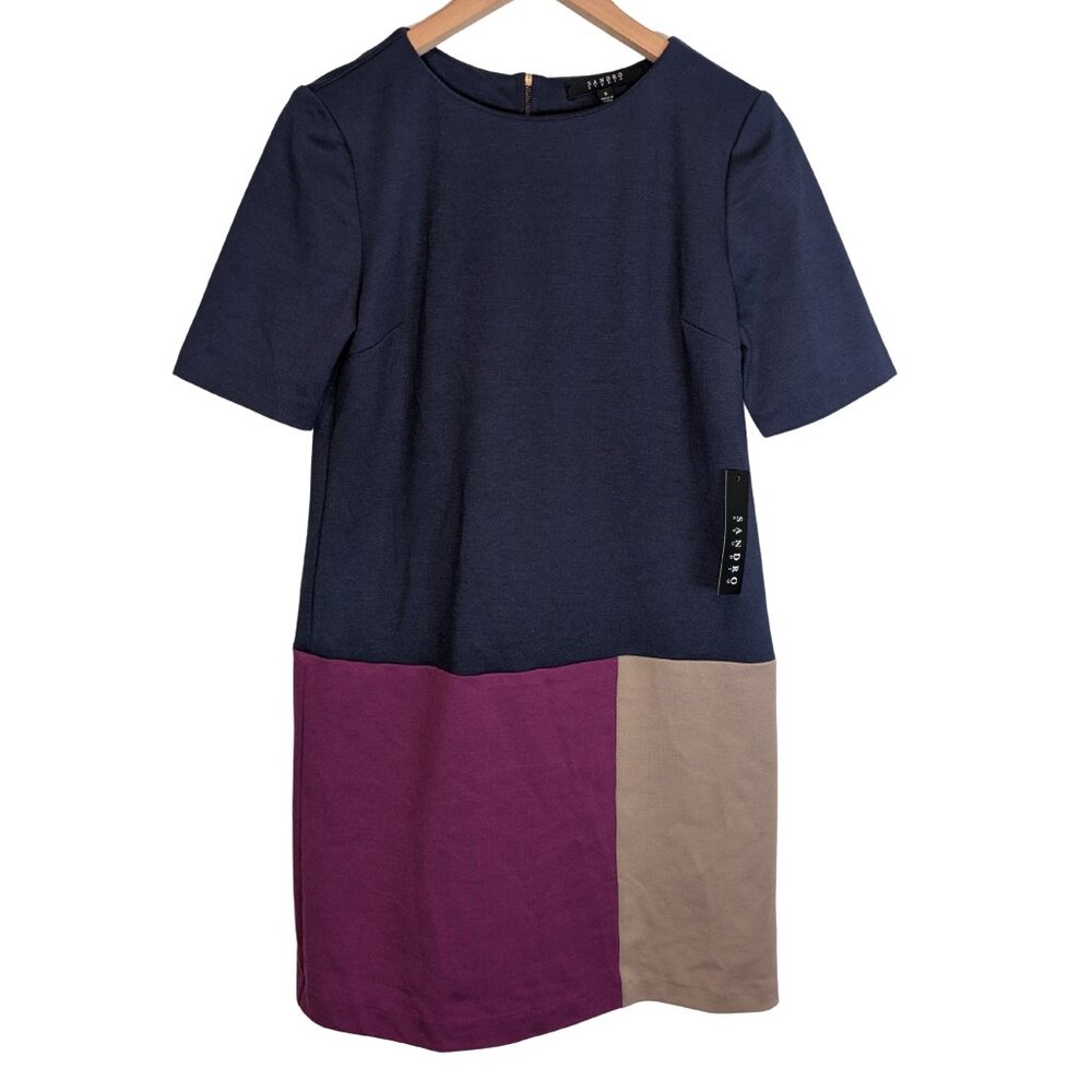 Sandro Studio Womens Mini Dress Size Small NWT Shift Colorblock Navy Tan Purple